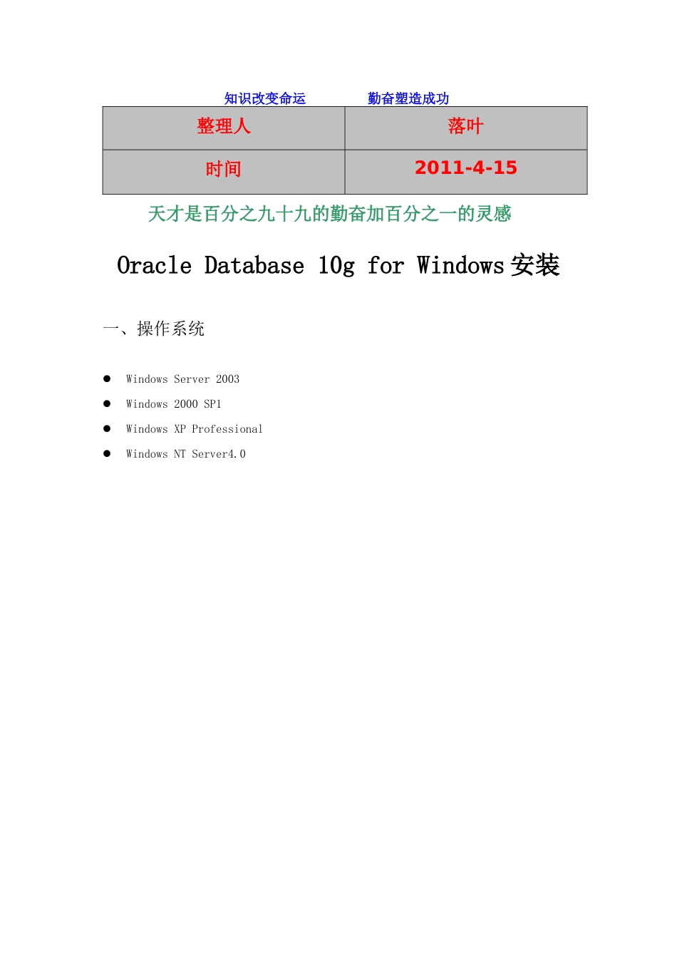 XXXX-学习资料大全：Oracle_10G安装配置手册(wins)_第1页
