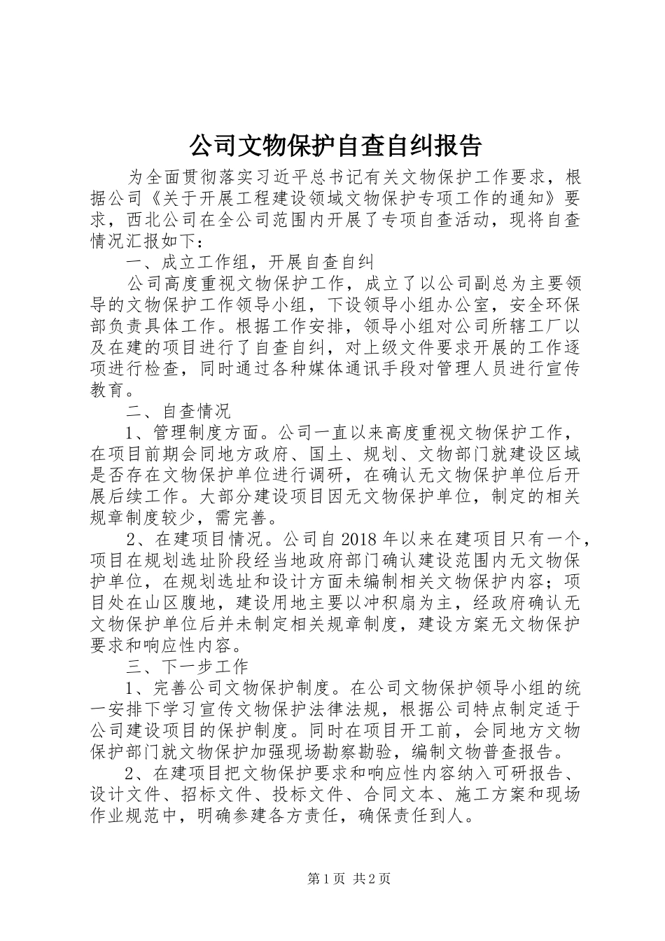 公司文物保护自查自纠报告_第1页