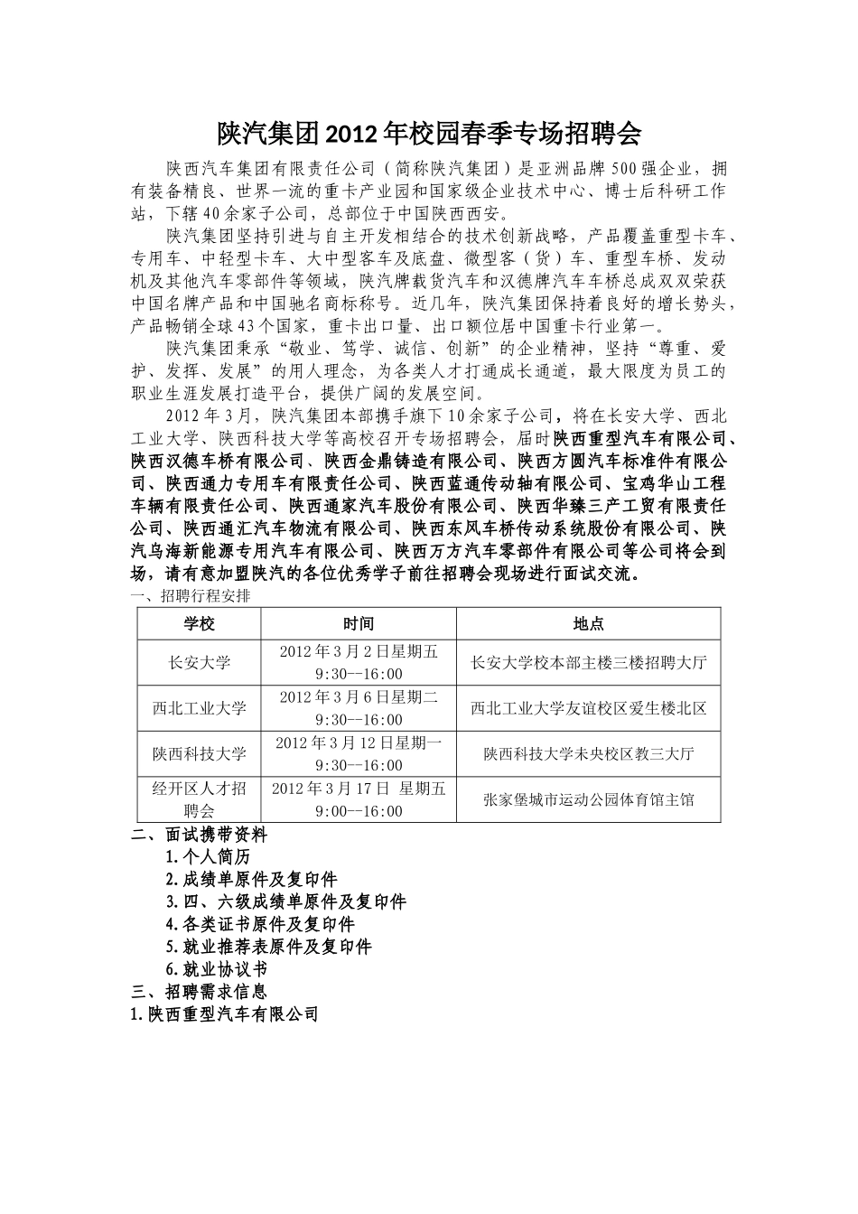 陕汽集团2012专场招聘会招聘信息_第1页