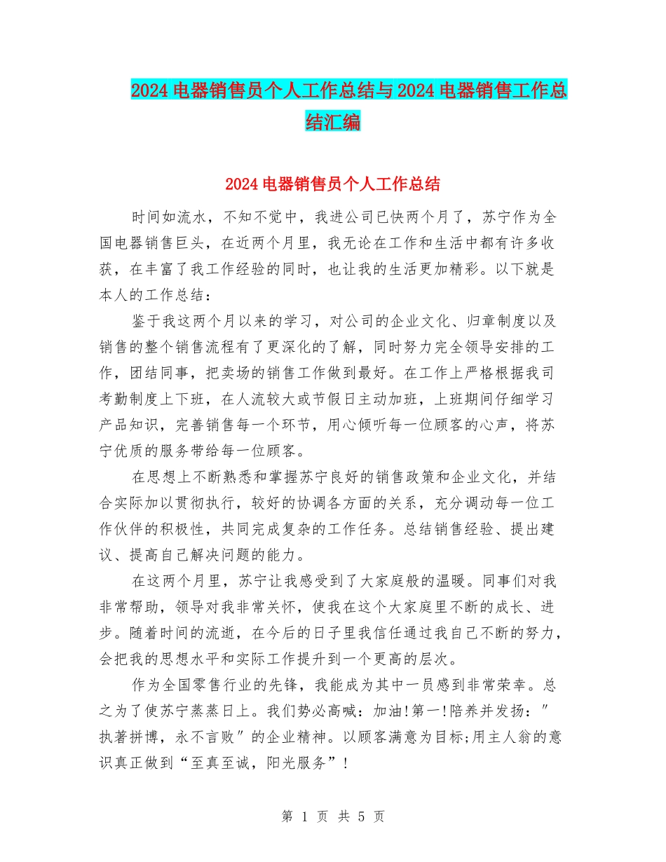 2024电器销售员个人工作总结与2024电器销售工作总结汇编_第1页