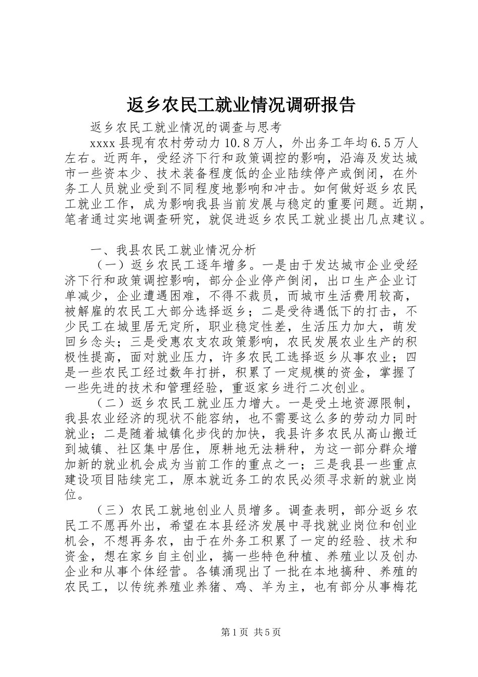 返乡农民工就业情况调研报告_第1页