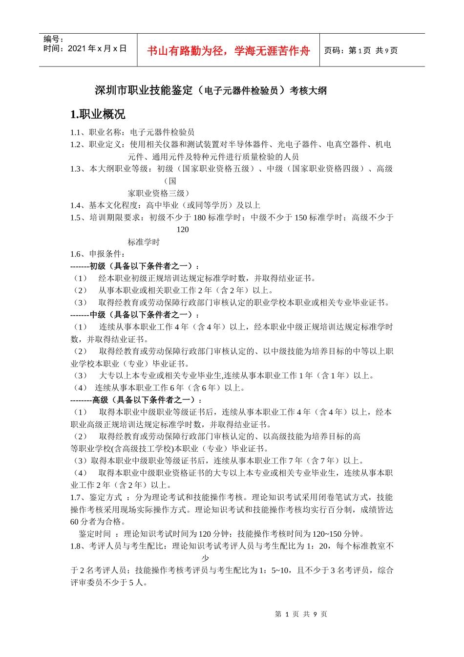 深圳市职业技能鉴定(电子元器件检验员)考核大纲_第1页