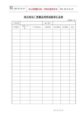 砖石材出厂质量证明和试验单汇总表