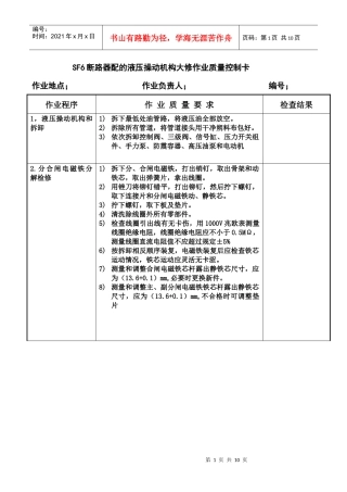 SF6断路器配的液压操动机构大修作业质量控制卡