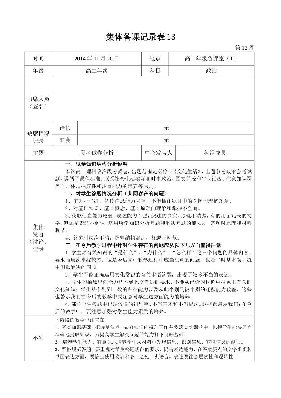 2014-2015学年度第一学期高二政治组集体备课记录表13_第1页