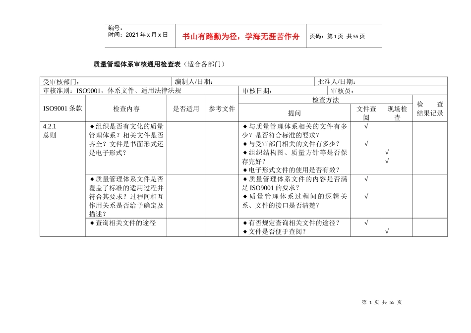 最新iso9001质量管理体系审核通用检查表(适合各部门)推荐参考_第1页