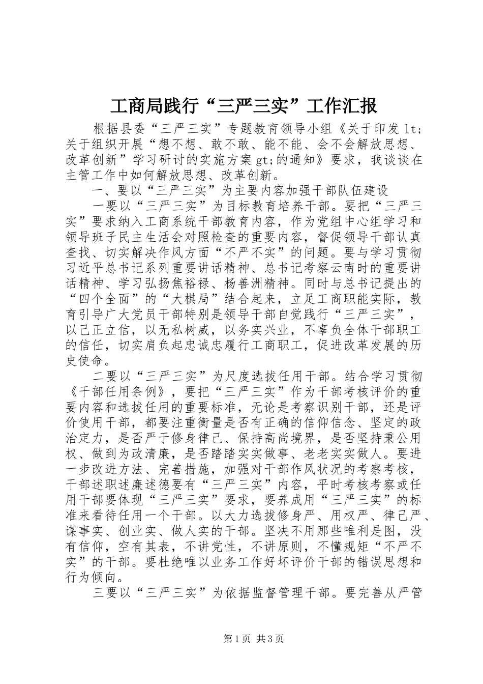 工商局践行“三严三实”工作汇报_第1页