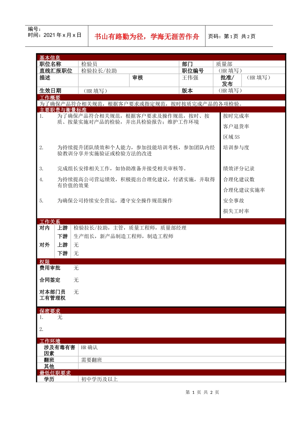 某大型电子公司质量部检验员职位说明书_第1页