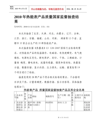 XXXX年热能表产品质量国家监督抽查结果
