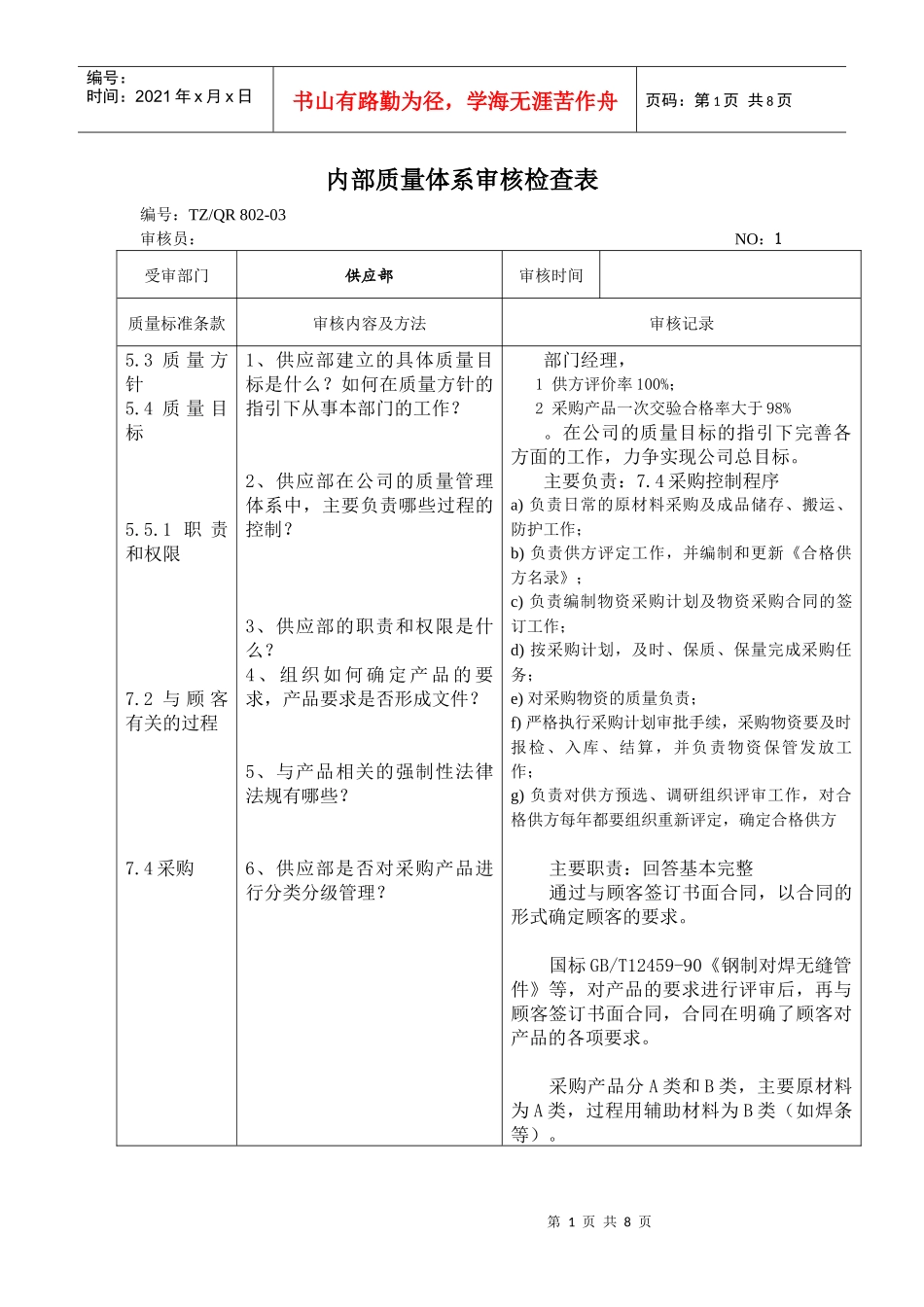 内部质量体系审核检查表 供应部_第1页