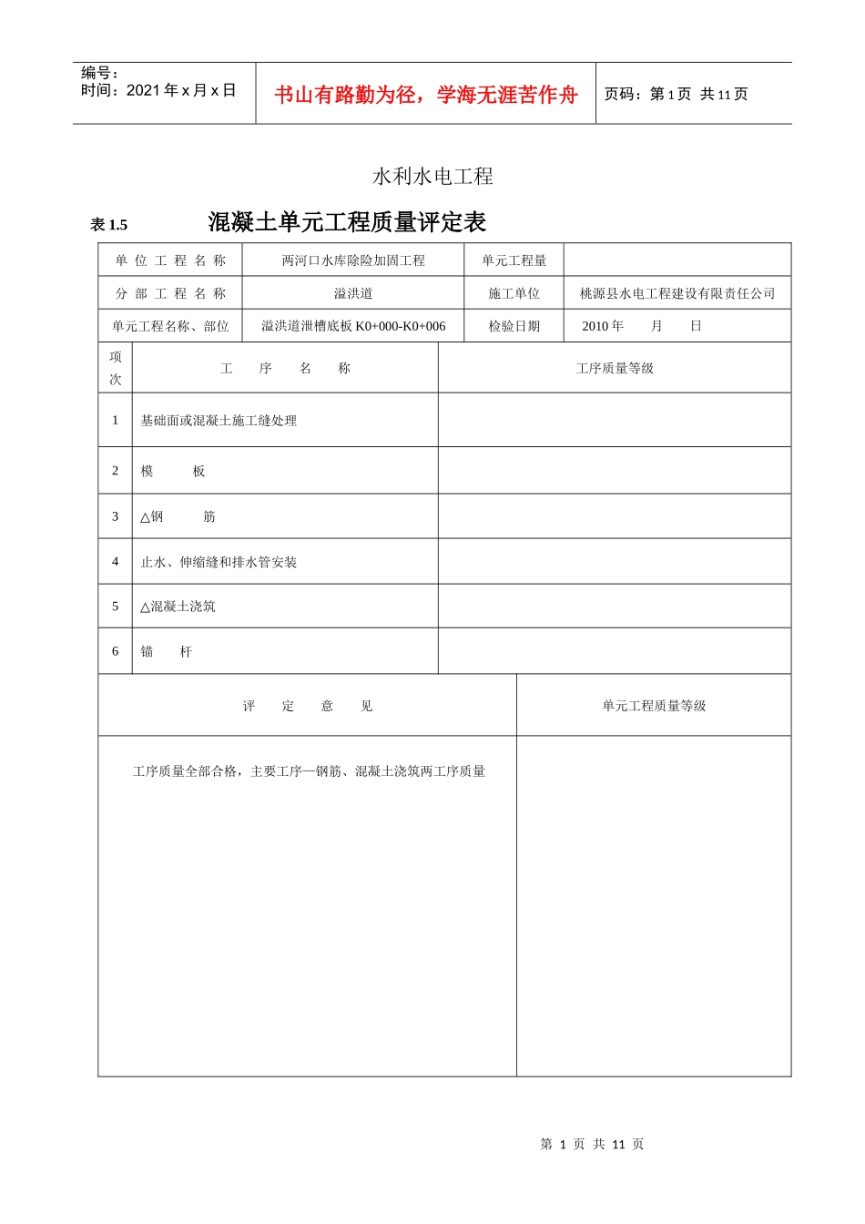溢洪道水利水电工程施工质量评定表1_第1页
