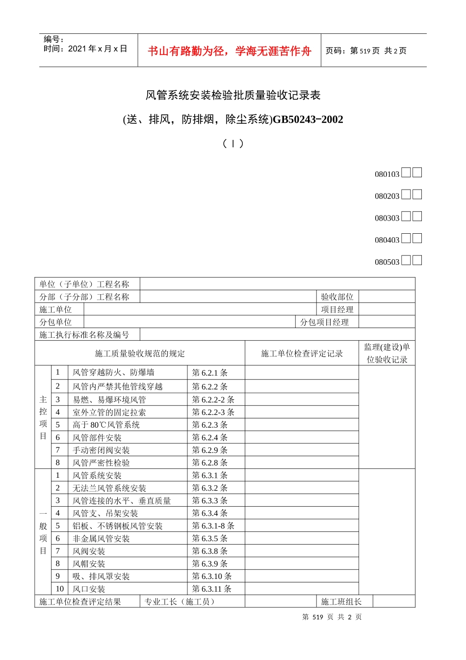 风管系统安装检验批质量验收记录表Ⅰ_第1页