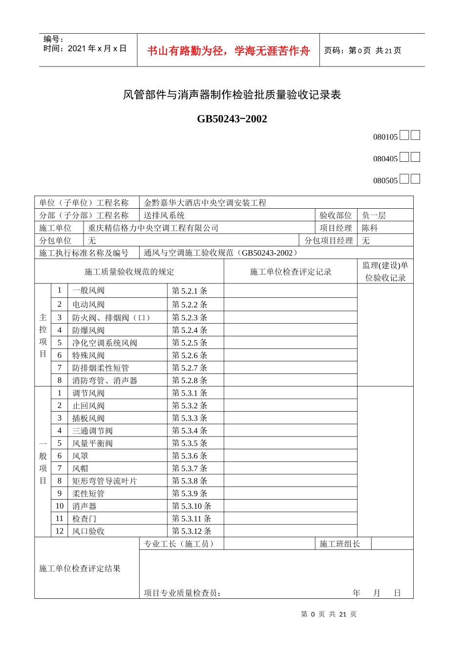 风管部件与消声器制作检验批质量验收记录表_第1页
