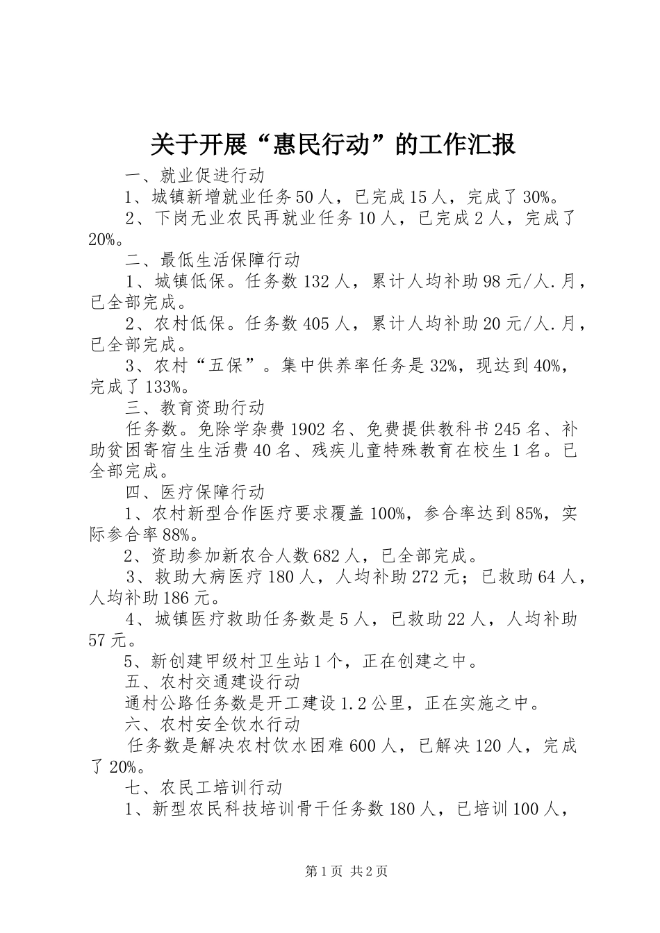 关于开展“惠民行动”的工作汇报_第1页