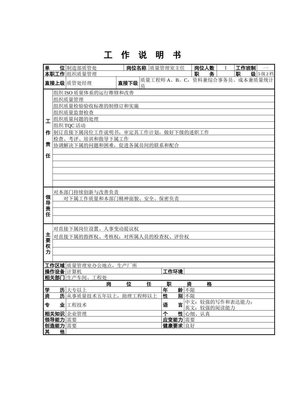 质量管理室主任工作说明书_第1页