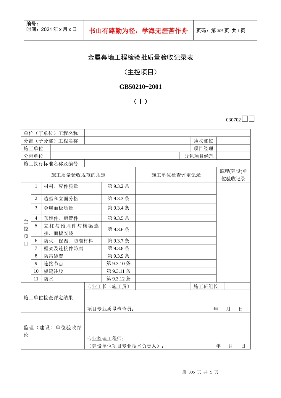 金属幕墙工程检验批质量验收记录表Ⅰ_第1页