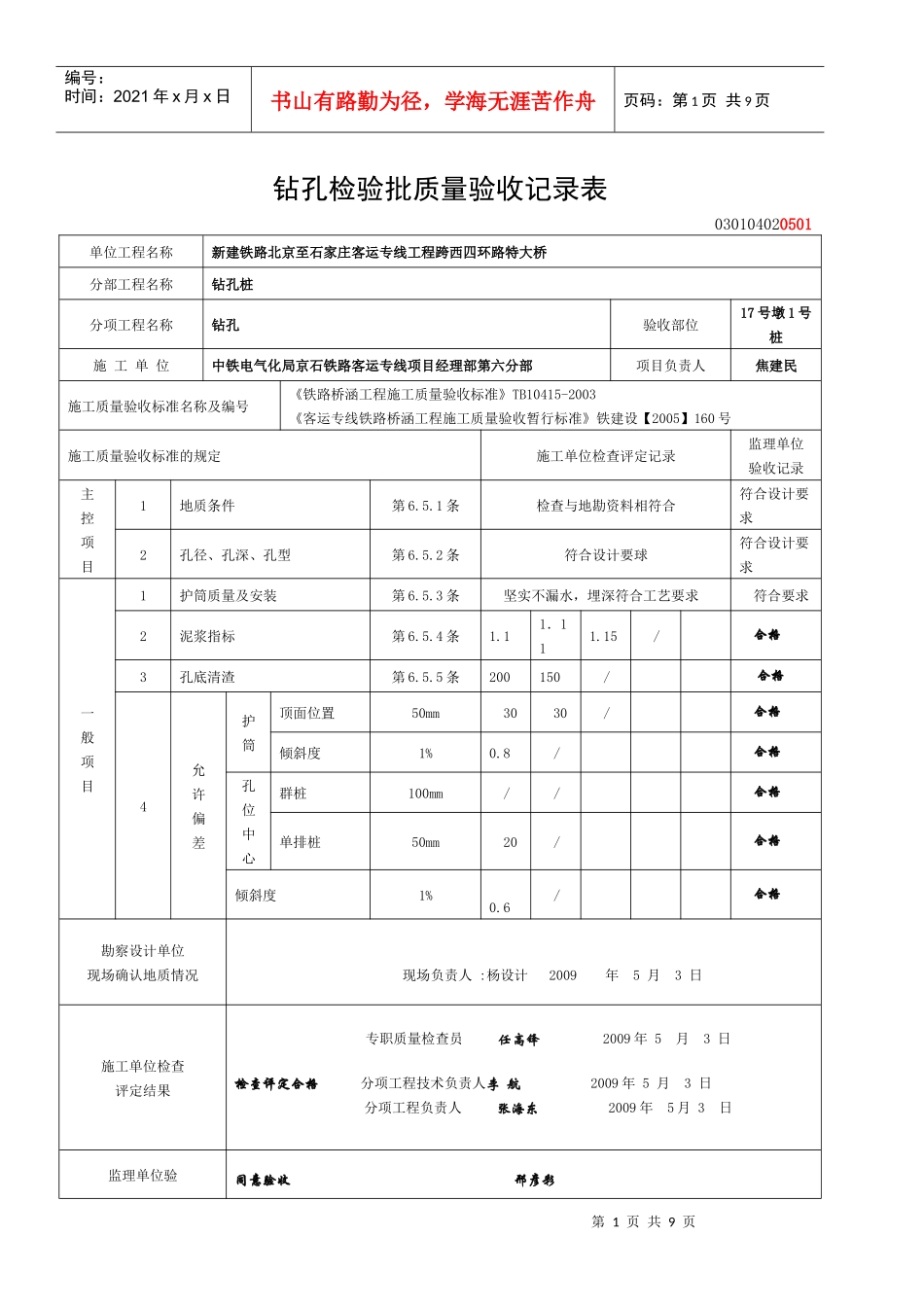 钻孔检验批质量验收记录表(样表)_第1页