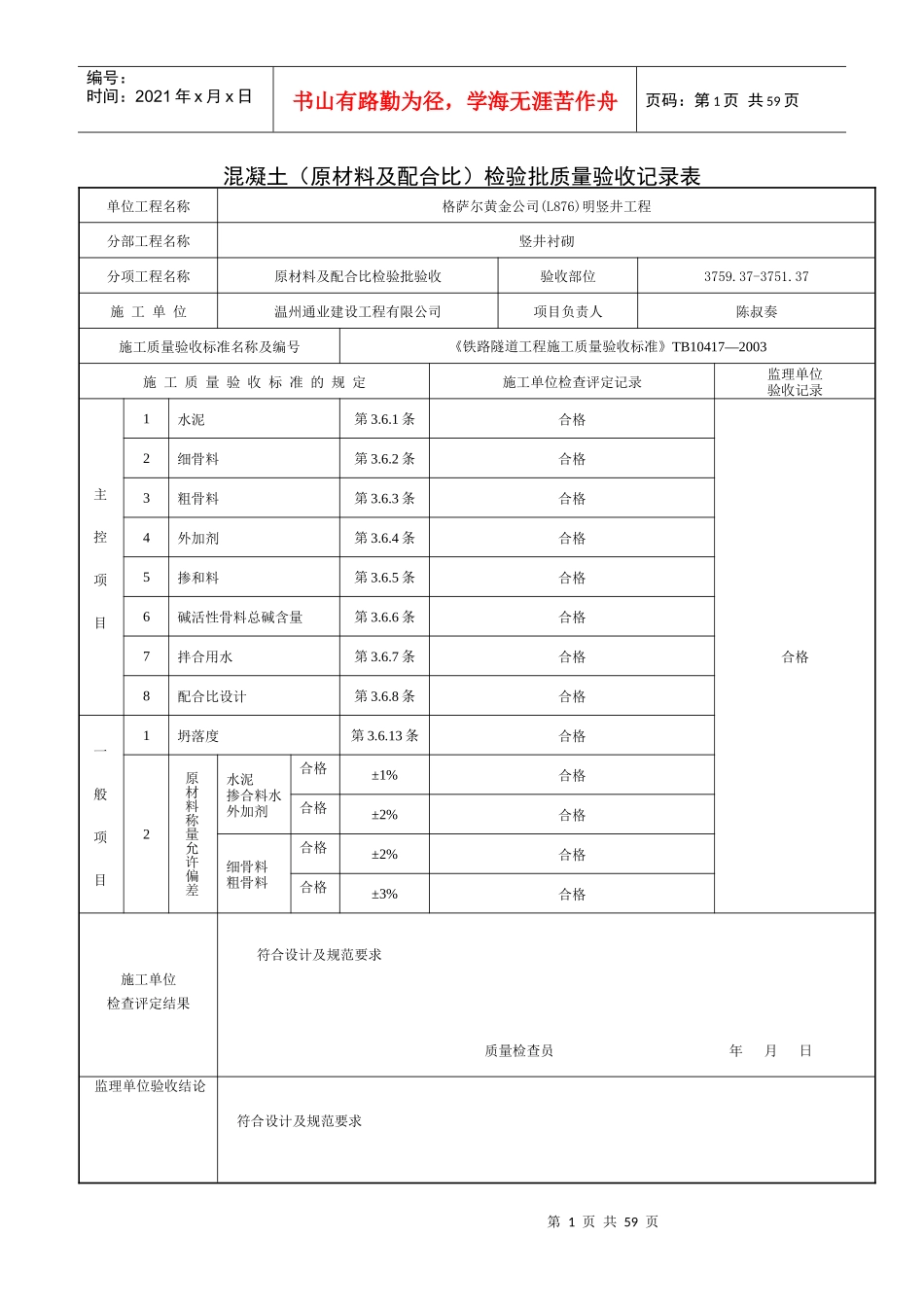 格萨尔混凝土(原材料及配合比)检验批质量验收记录表_第1页