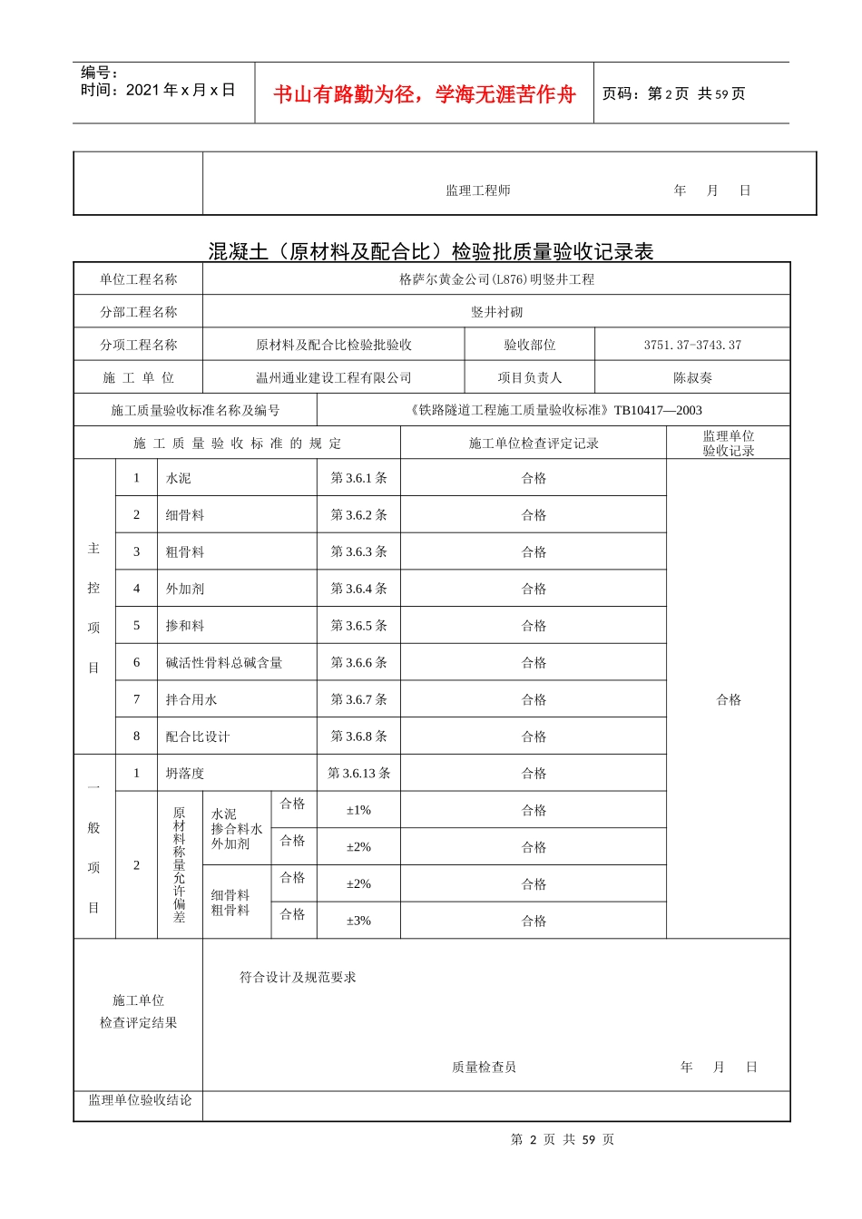 格萨尔混凝土(原材料及配合比)检验批质量验收记录表_第2页