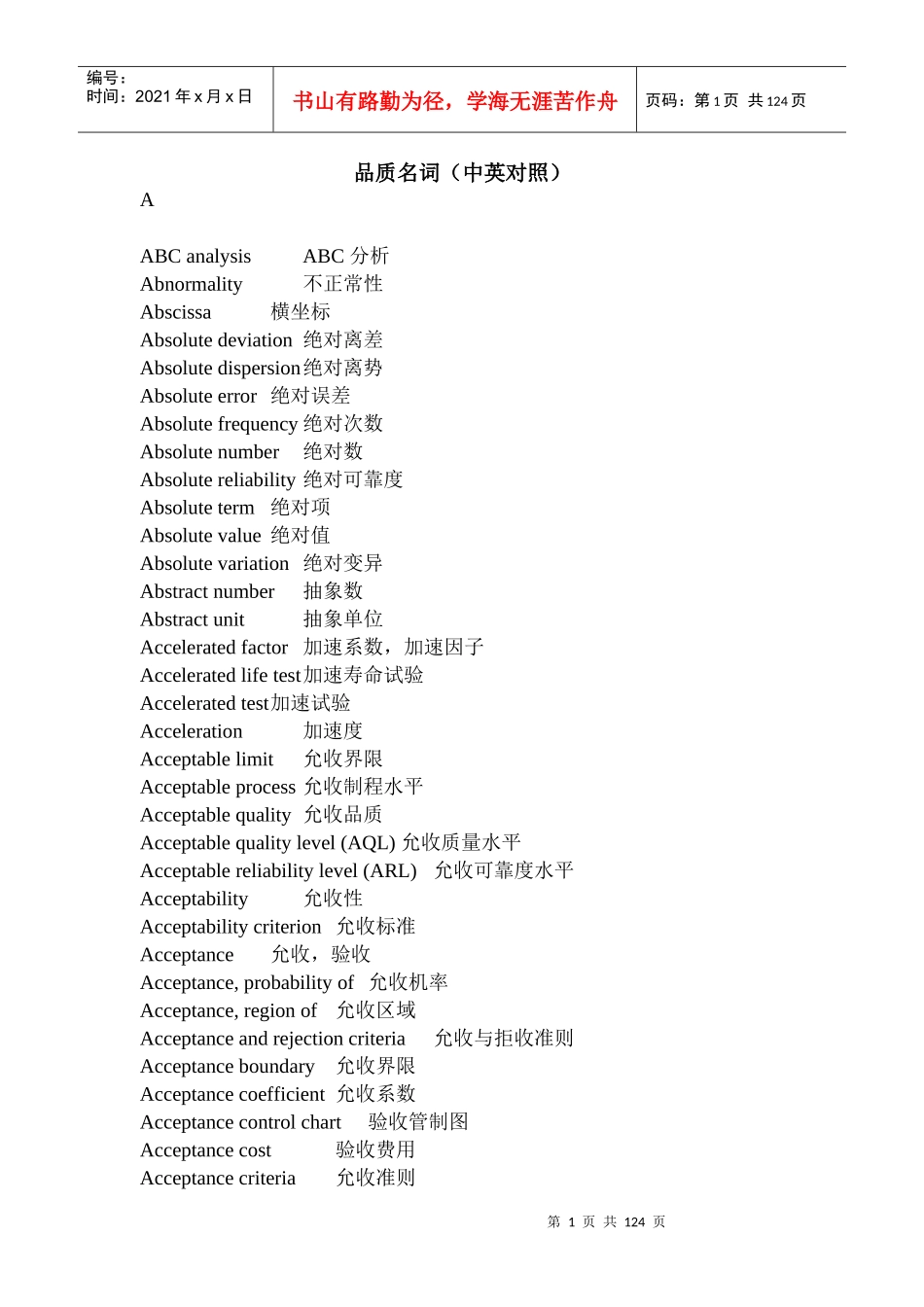 质量英语词汇大全(完整版)_第1页