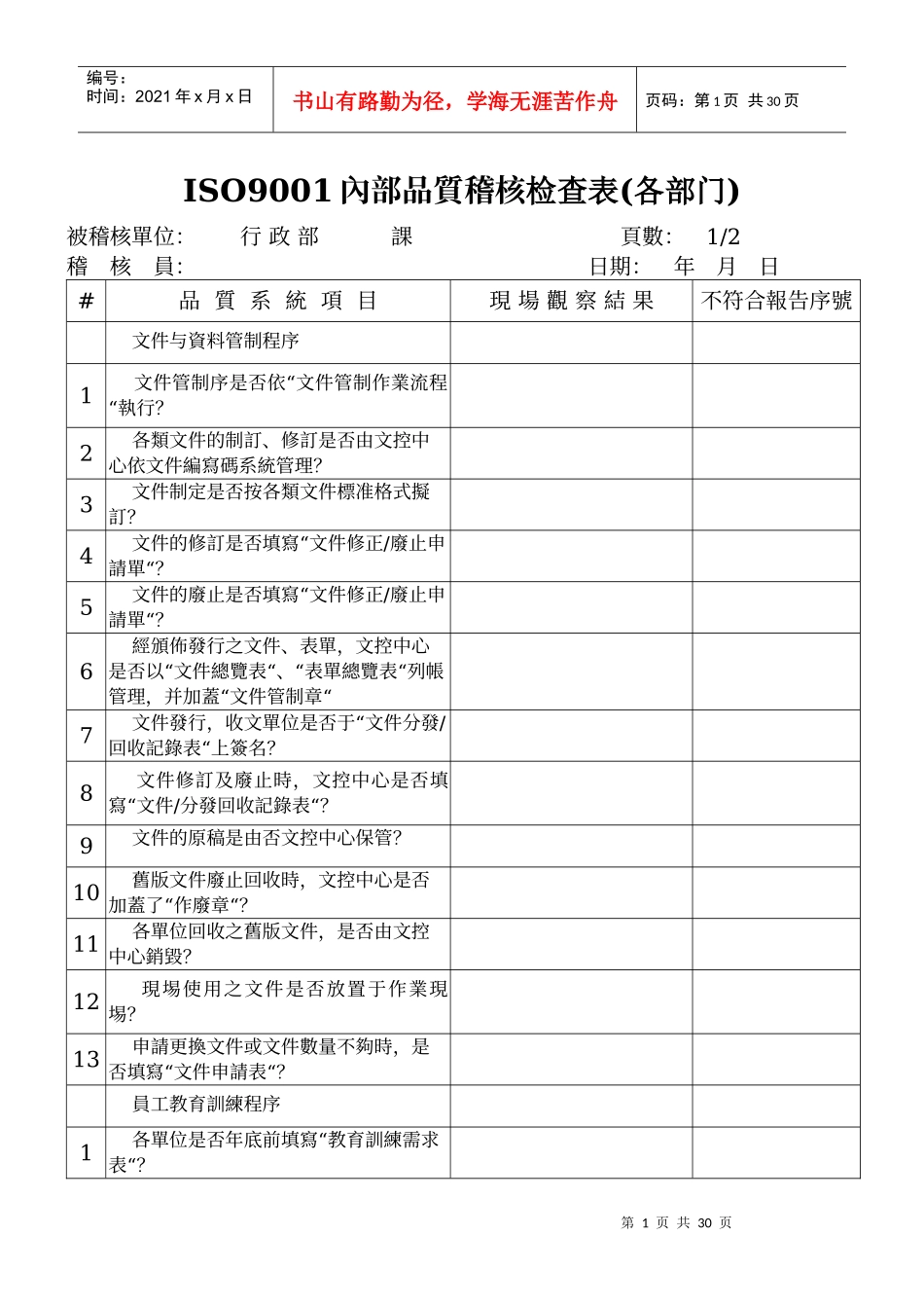 某某股份有限公司内部质量审核检查表范例_第1页