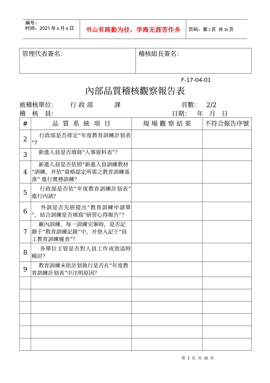 某某股份有限公司内部质量审核检查表范例_第2页