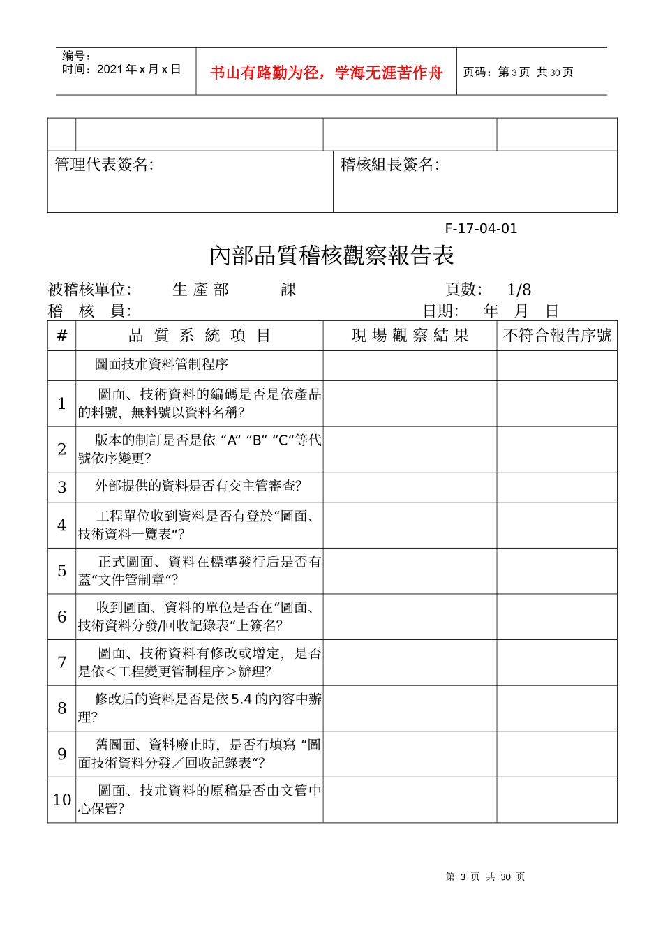 某某股份有限公司内部质量审核检查表范例_第3页