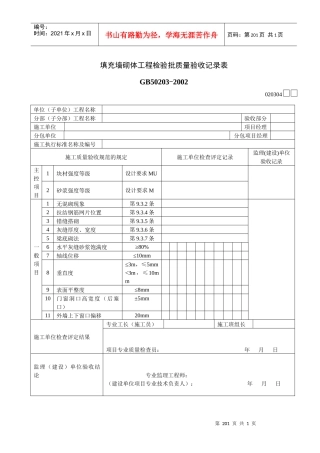 填充墙砌体工程检验批质量验收记录表
