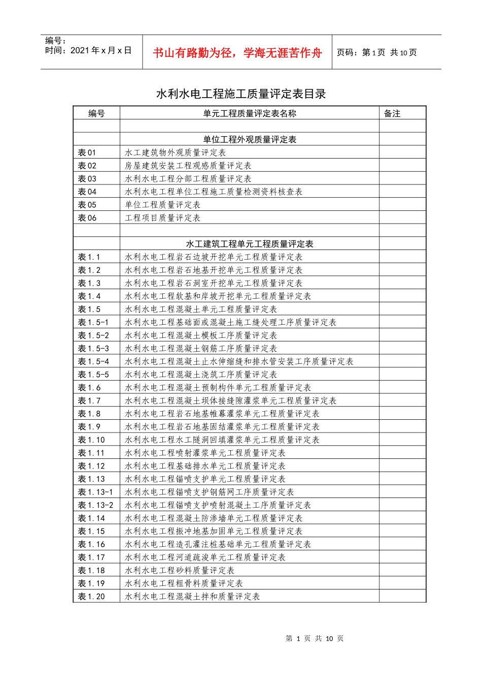 水利水电工程施工质量评定表目录_第1页