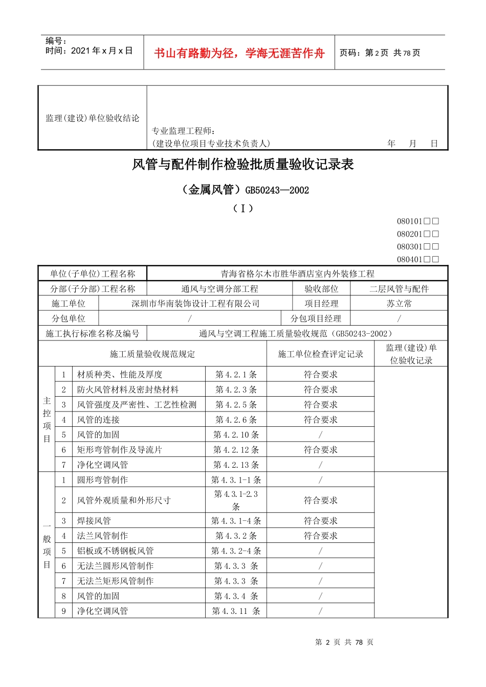 风管与配件制作检验批质量验收记录表(金属风管)(Ⅰ)_第2页
