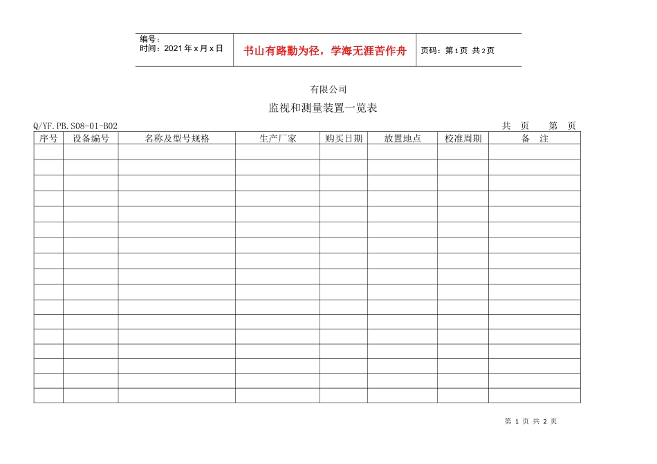 质量管理，TS16949体系监视和测量装置一览表_第1页
