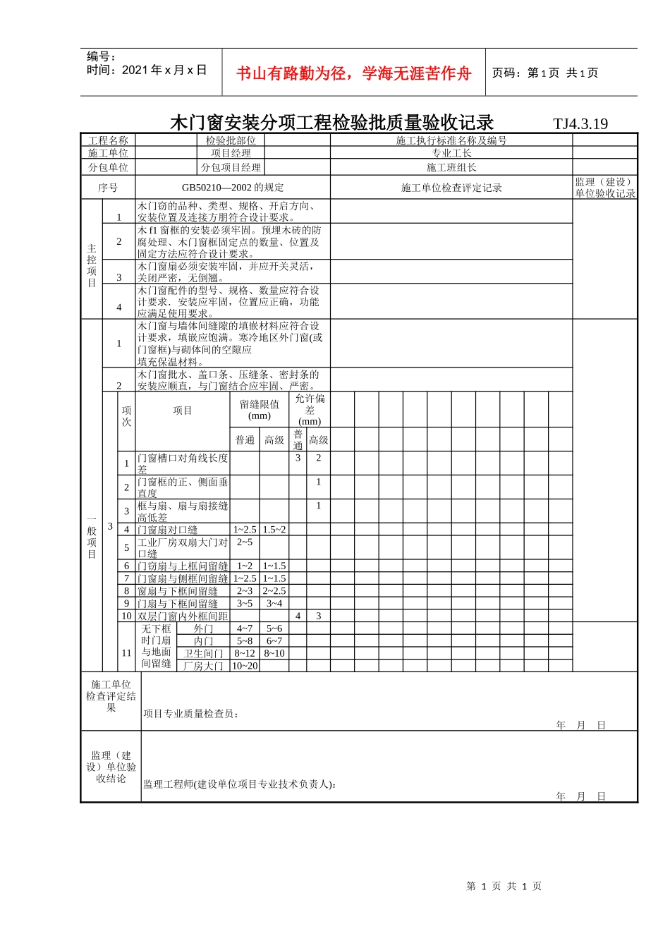 158 木门窗制作分项工程检验批质量验收记录表TJ4-3-19_第1页