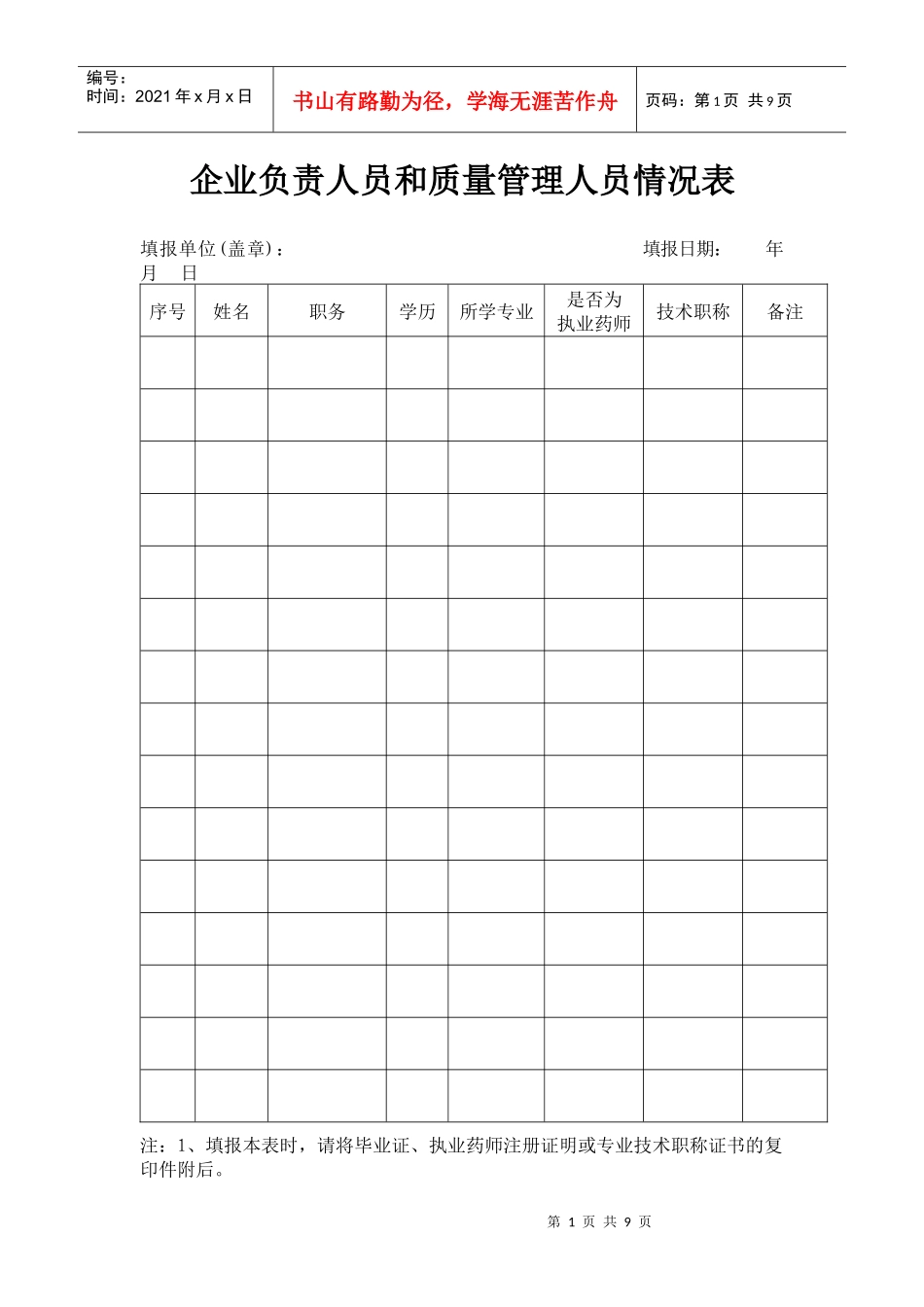 企业负责人员和质量管理人员情况表_第1页