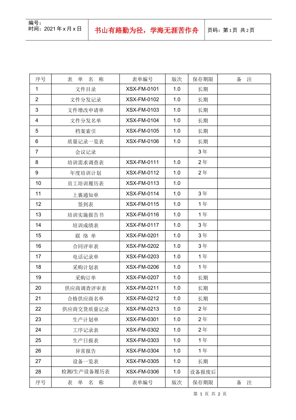 XSX-FM-0106质量记录一览表_第1页