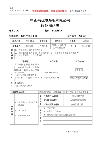 品质部PQA岗位描述表