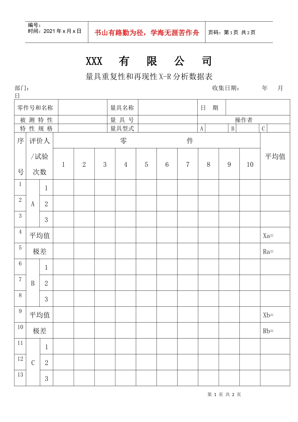 APQP量具重复性和再现性X-R分析数据表_第1页