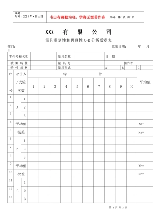 APQP量具重复性和再现性X-R分析数据表