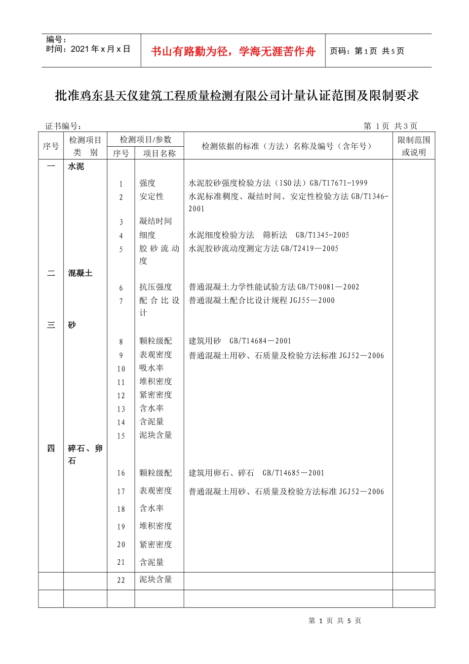 批准鸡东县天仪建筑工程质量检测有限公司计量认证范围..._第1页