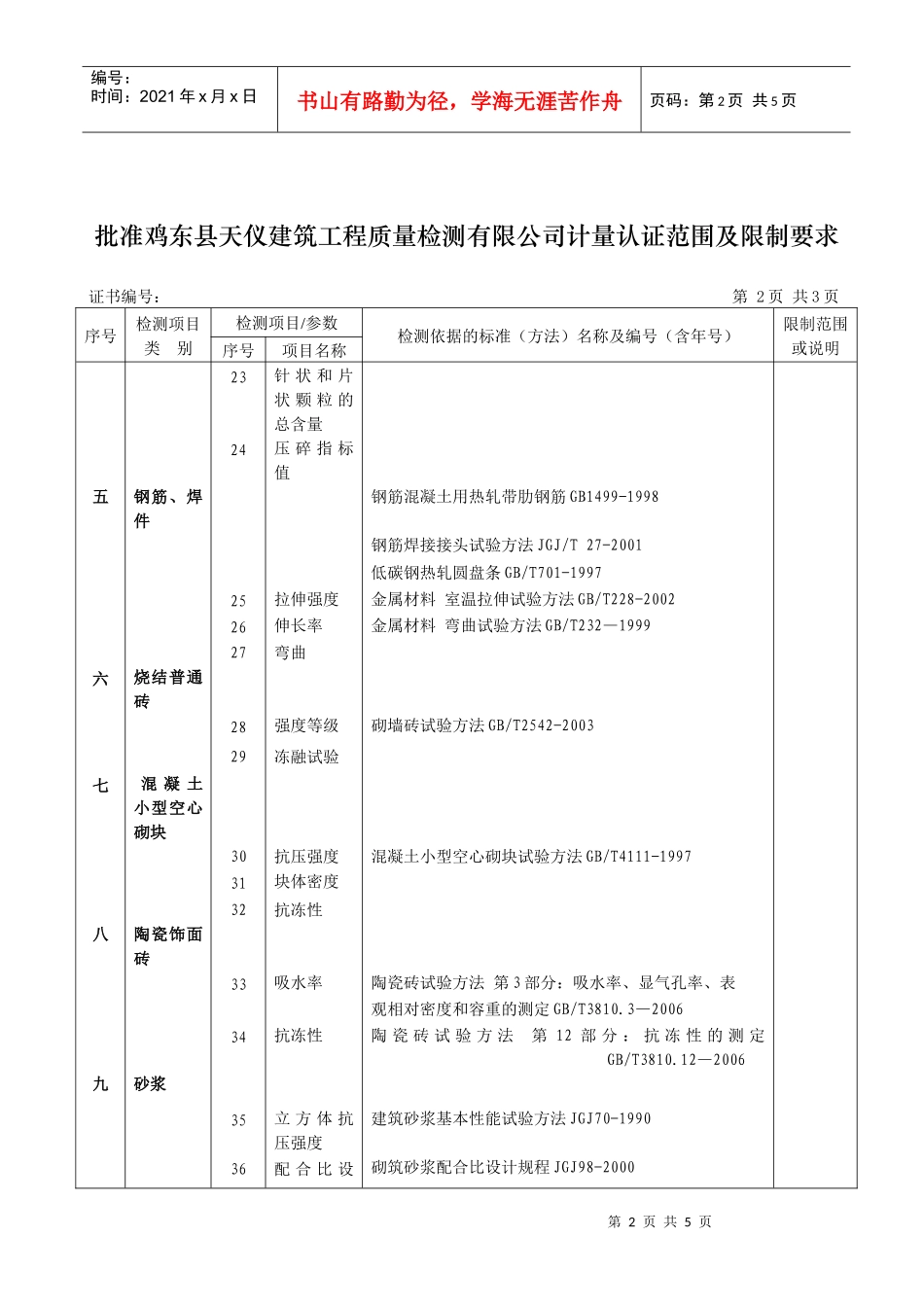 批准鸡东县天仪建筑工程质量检测有限公司计量认证范围..._第2页