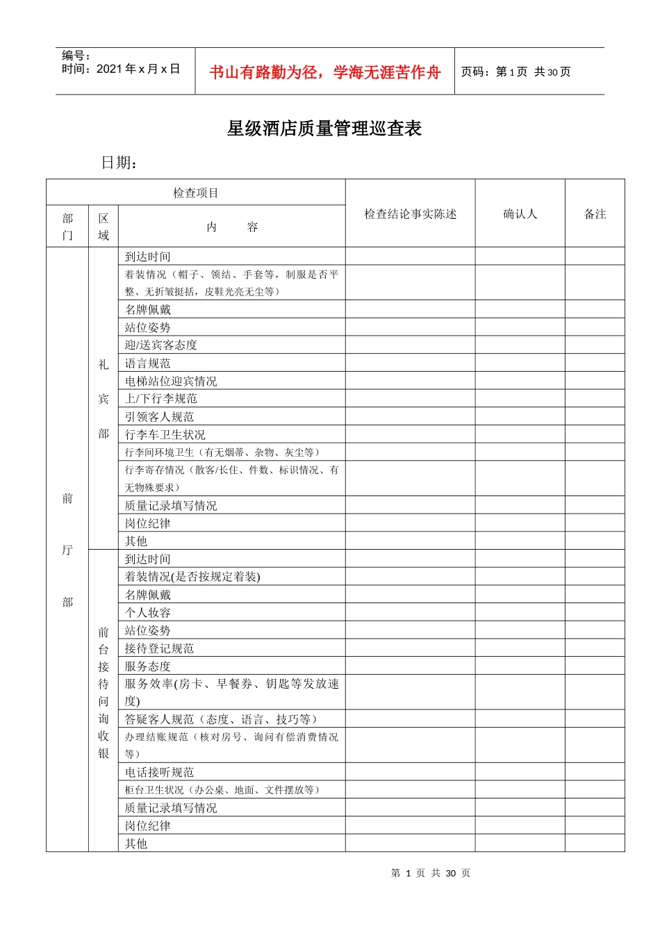 星级酒店质量管理质检巡查表格_第1页