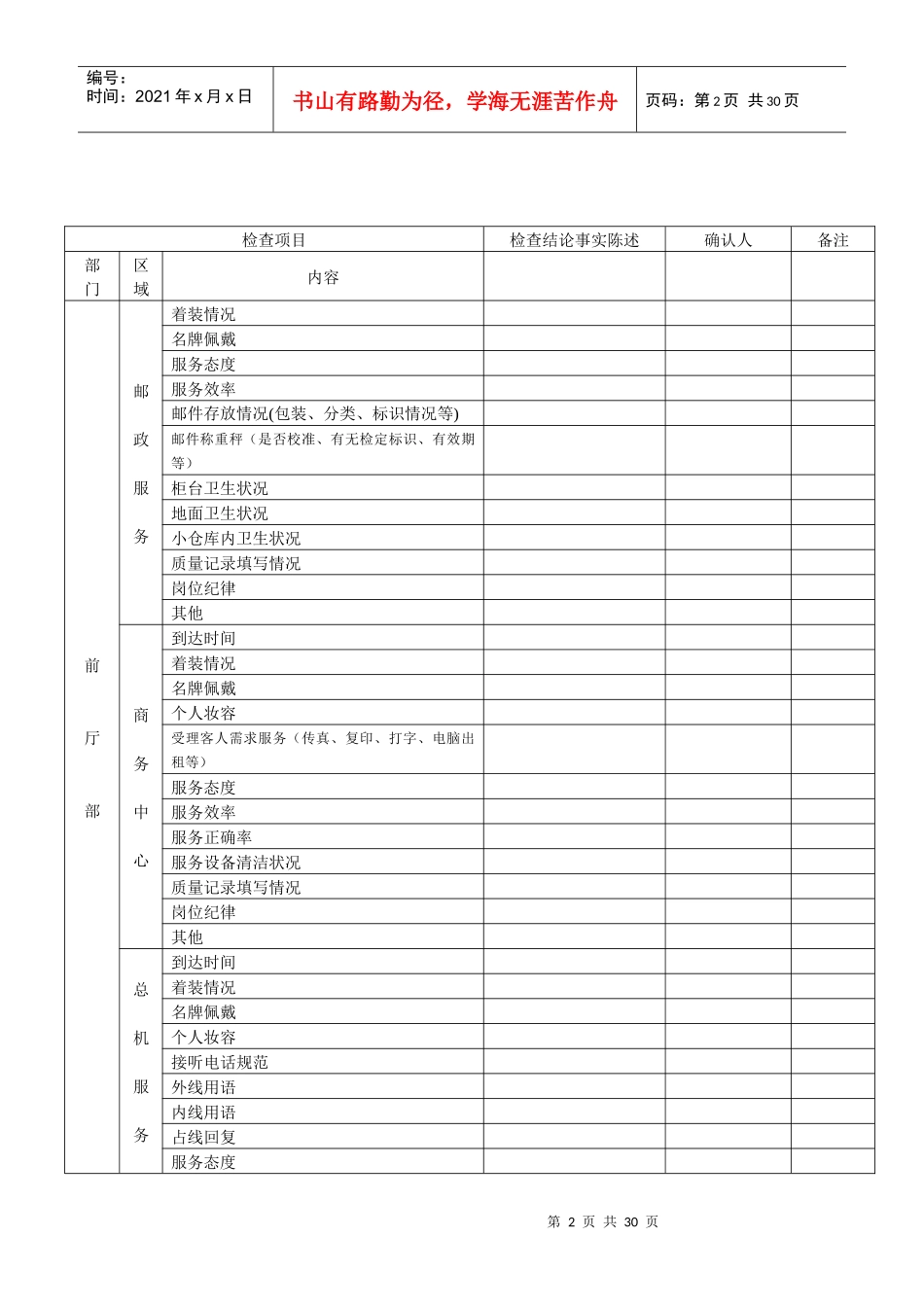 星级酒店质量管理质检巡查表格_第2页