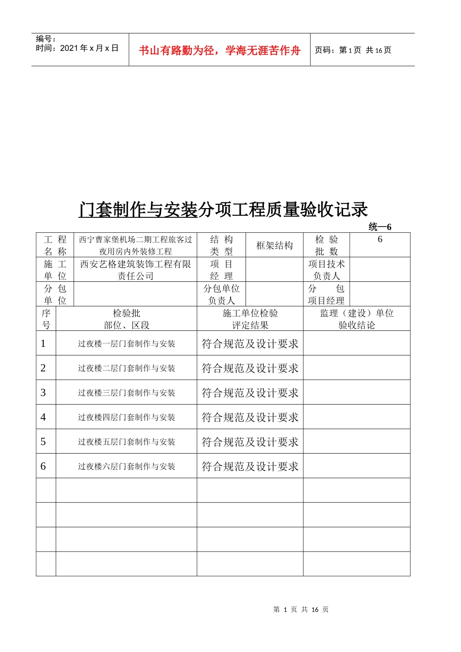 门窗制作与安装工程质量验收表_第1页