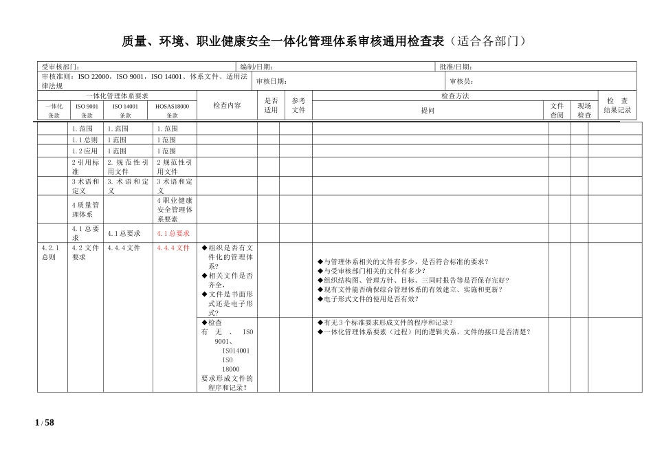 质量环境职业健康安全一体化管理体系审核通用检查表_第1页