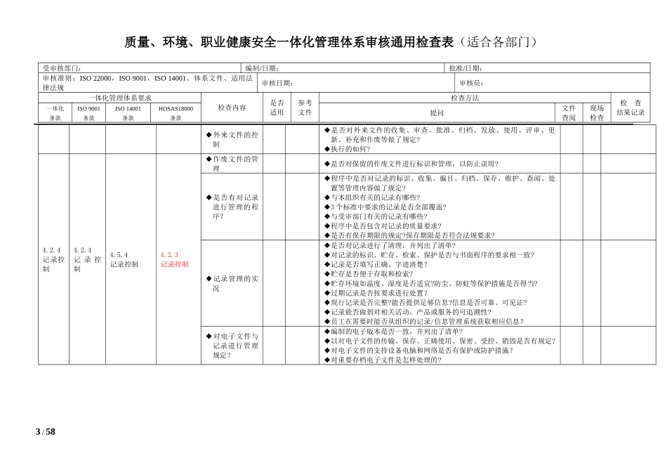 质量环境职业健康安全一体化管理体系审核通用检查表_第3页