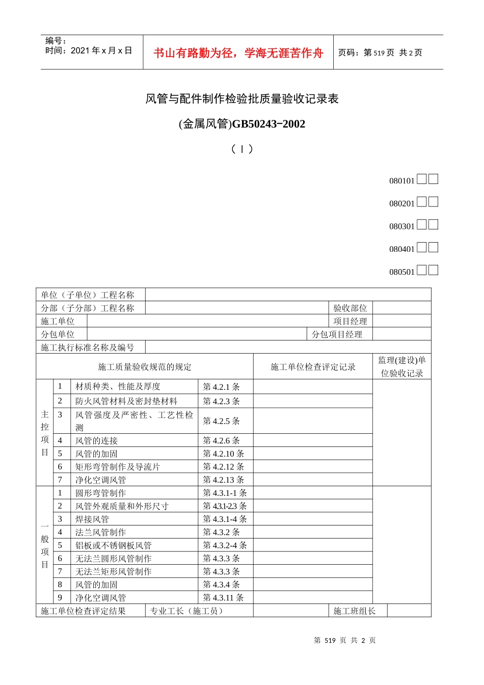 风管与配件制作检验批质量验收记录表Ⅰ_第1页