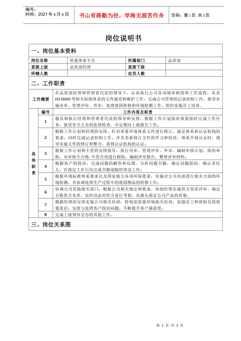 质量体系专员岗位说明书_第1页