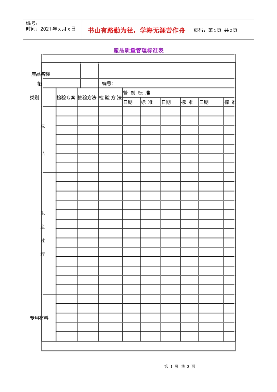産品质量管理标准表_第1页