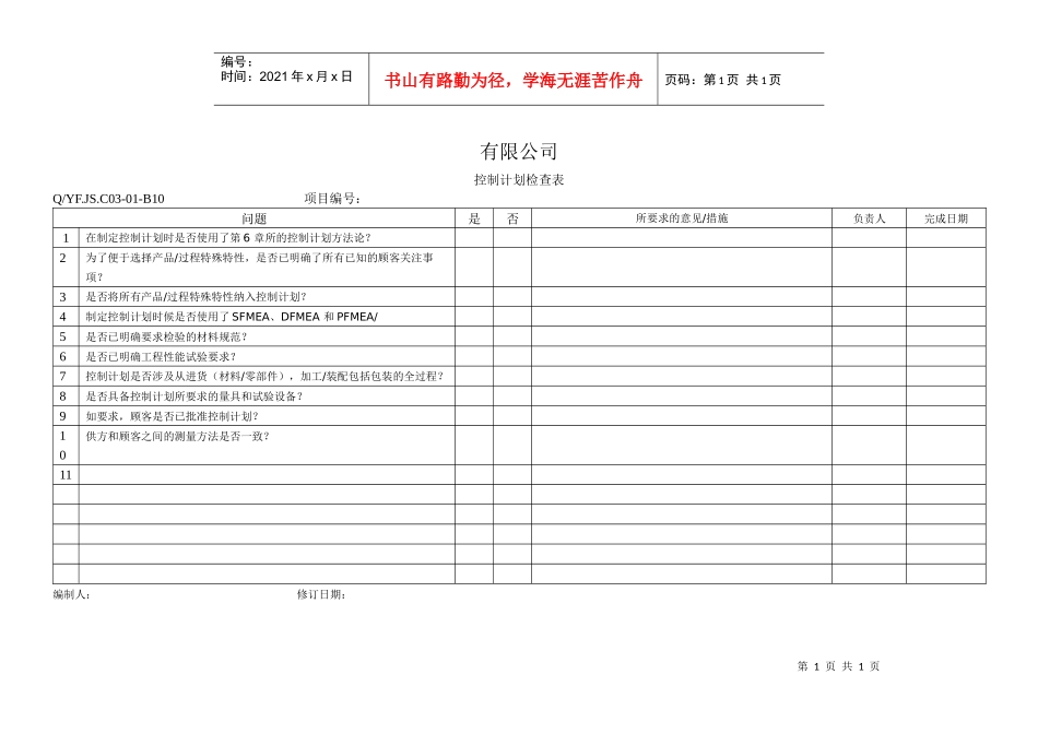 TS16949体系控制计划检查表_第1页