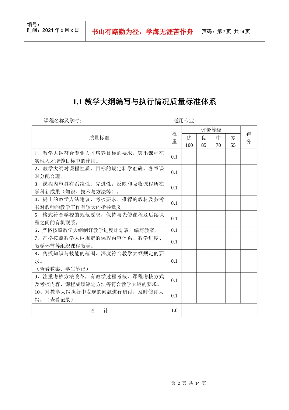 xx大学育才学院课程质量标准与评估指标体系_第2页