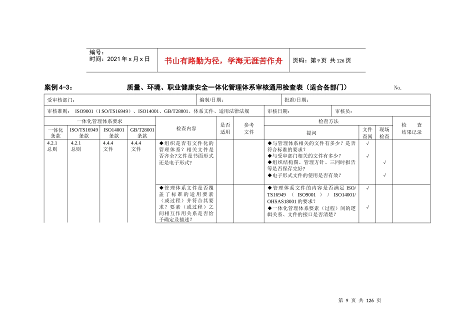 质量、环境、职业健康安全一体化管理体系审核通用检查表(修订WORD版_第1页